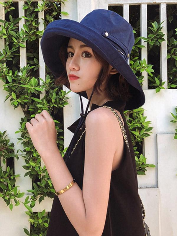 Casual Solid Sun-Protection Large Wide Brim Bucket Hat Product Image