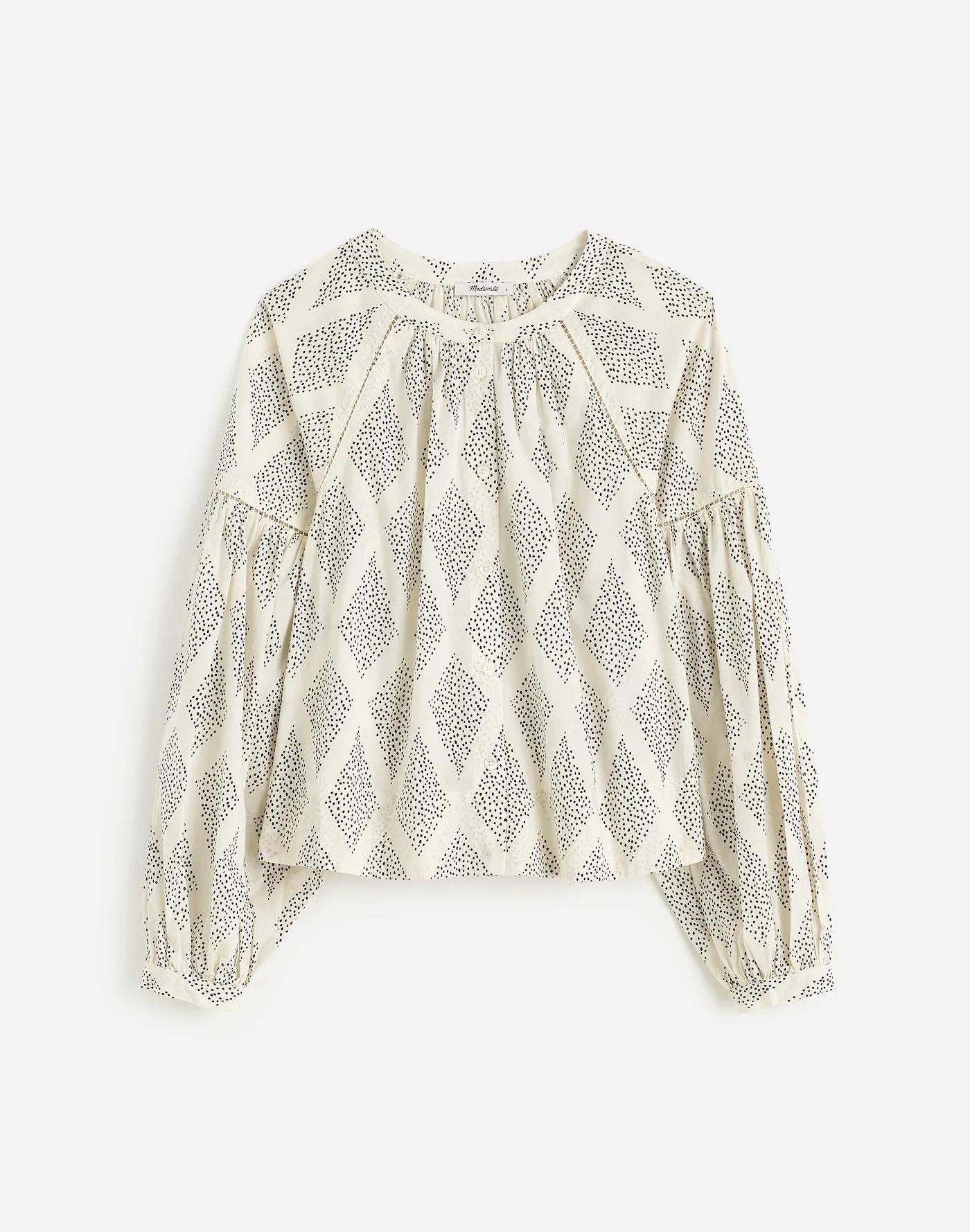 Shirred Balloon-Sleeve Top in Geometric Print Product Image