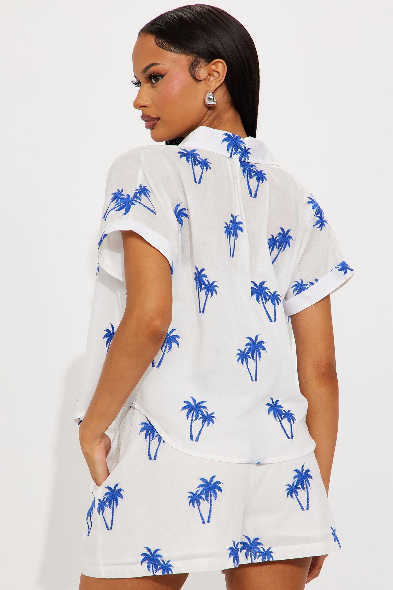 Palm Tree Embroidered Short Set - White Product Image