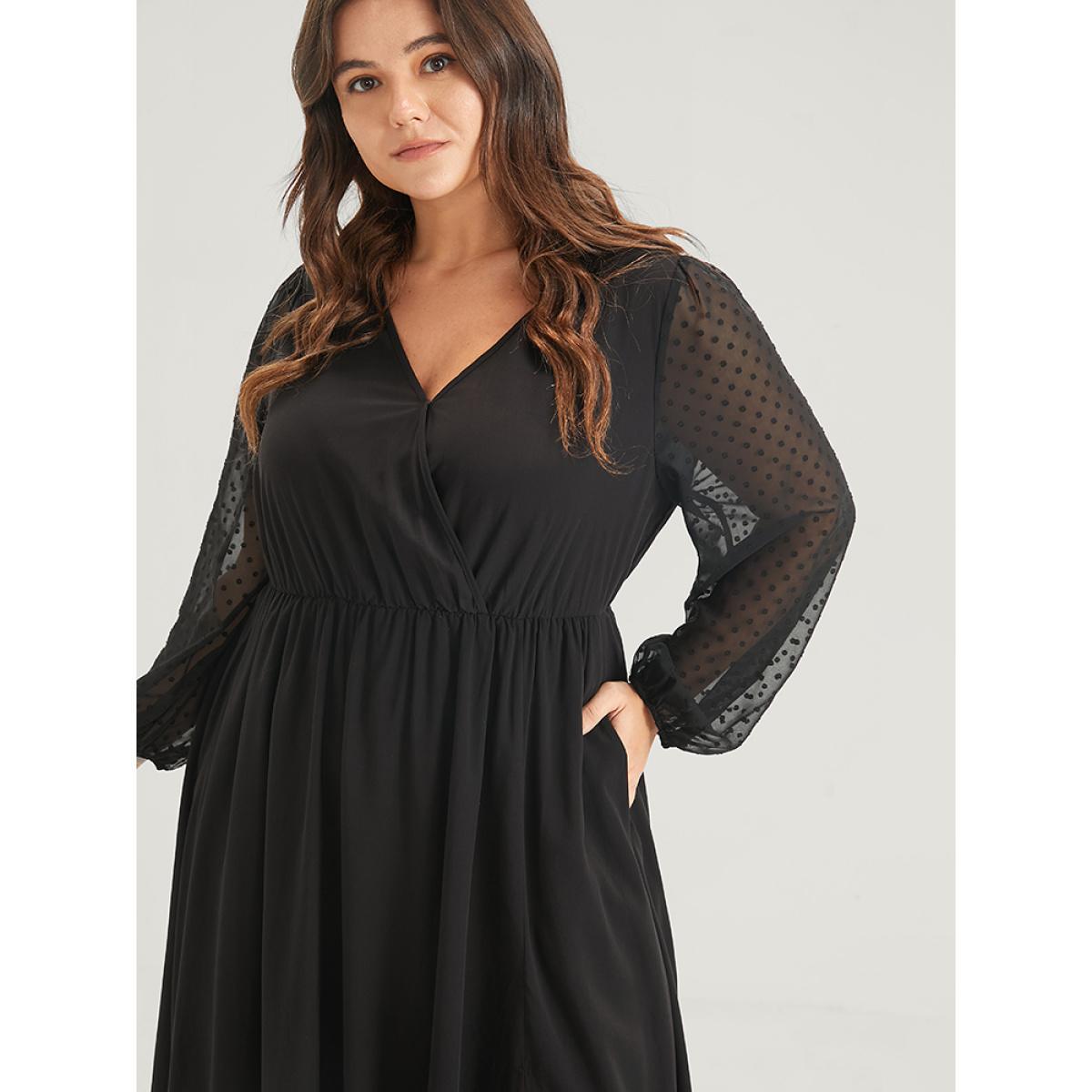 Plus Size Solid Split Eyelet Lace Belted Pocket Button Wrap Maxi Dress Black Women Elegant Lace V-neck Long Sleeve Curvy Long Dress BloomChic 10/M Product Image