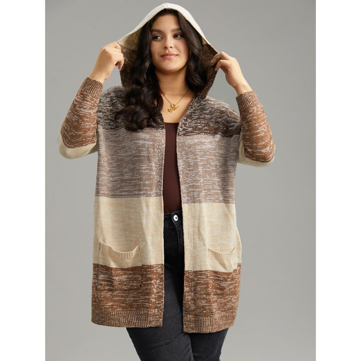 Plus Size Heather Colorblock Hooded Pocket Cardigan Multicolor Women Casual Loose Long Sleeve Dailywear Cardigans BloomChic 28/5X Product Image