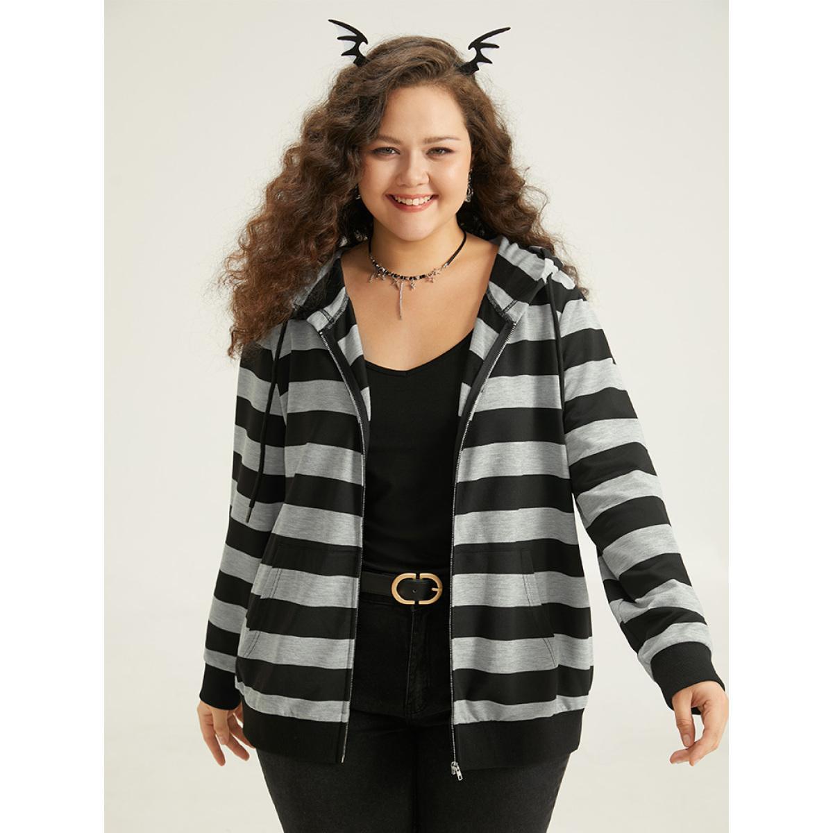 Plus Size Striped Hooded Pocket Zipper Sweatshirt Women Black Casual Elastic cuffs Hooded Festival-Halloween Sweatshirts BloomChic 22-24/3X Product Image