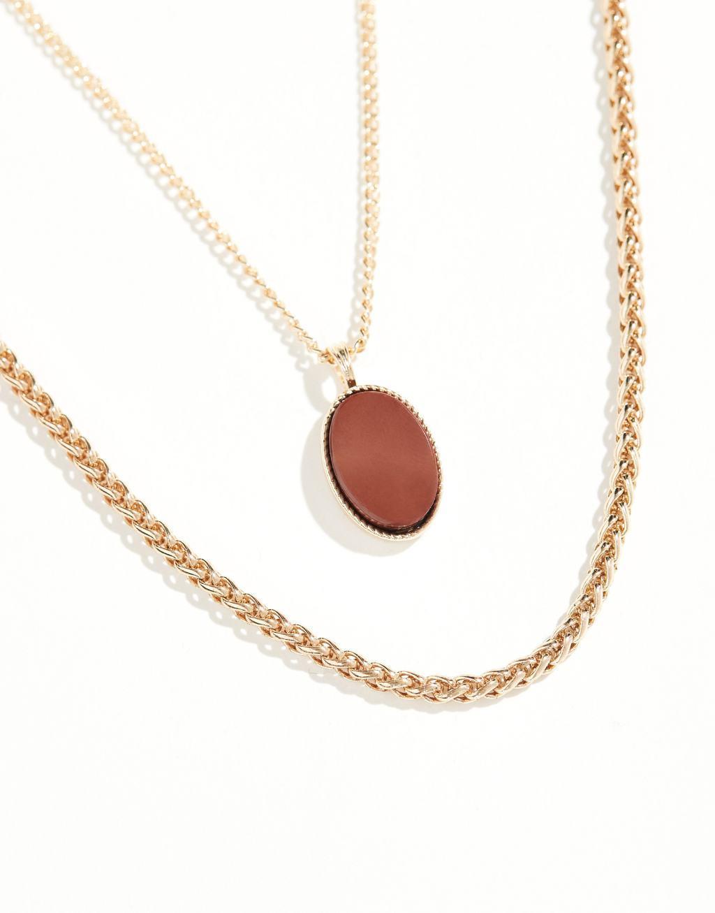 ASOS DESIGN two row necklace with red semi-precious oval pendant in gold tone Product Image