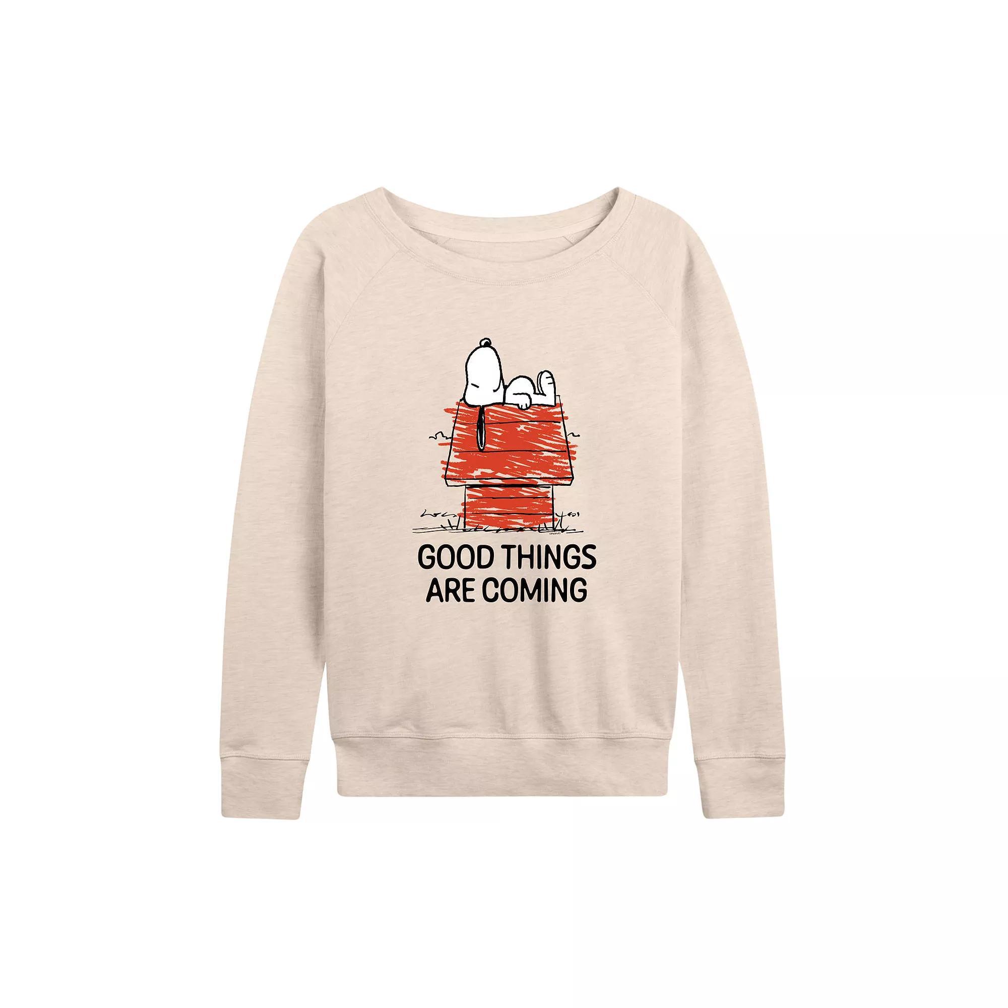Women's Peanuts Snoopy Good Things Are Coming French Terry Long Sleeve Tee, Girl's,  Product Image