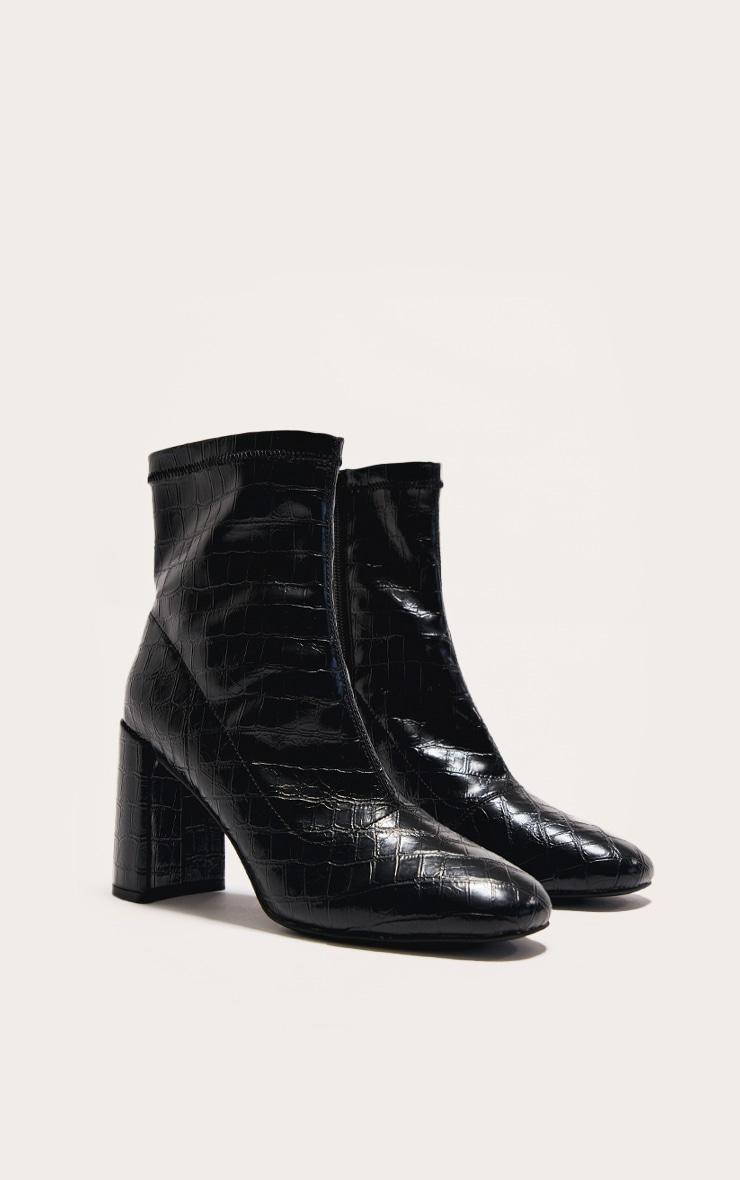 Black Croc Pu Round Toe Heeled Ankle Sock Boots Product Image