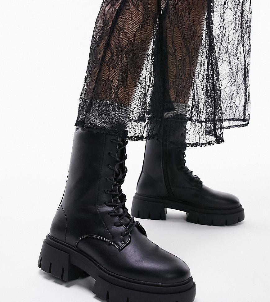 Topshop Wide Fit Lydia chunky lace up boots in black Product Image