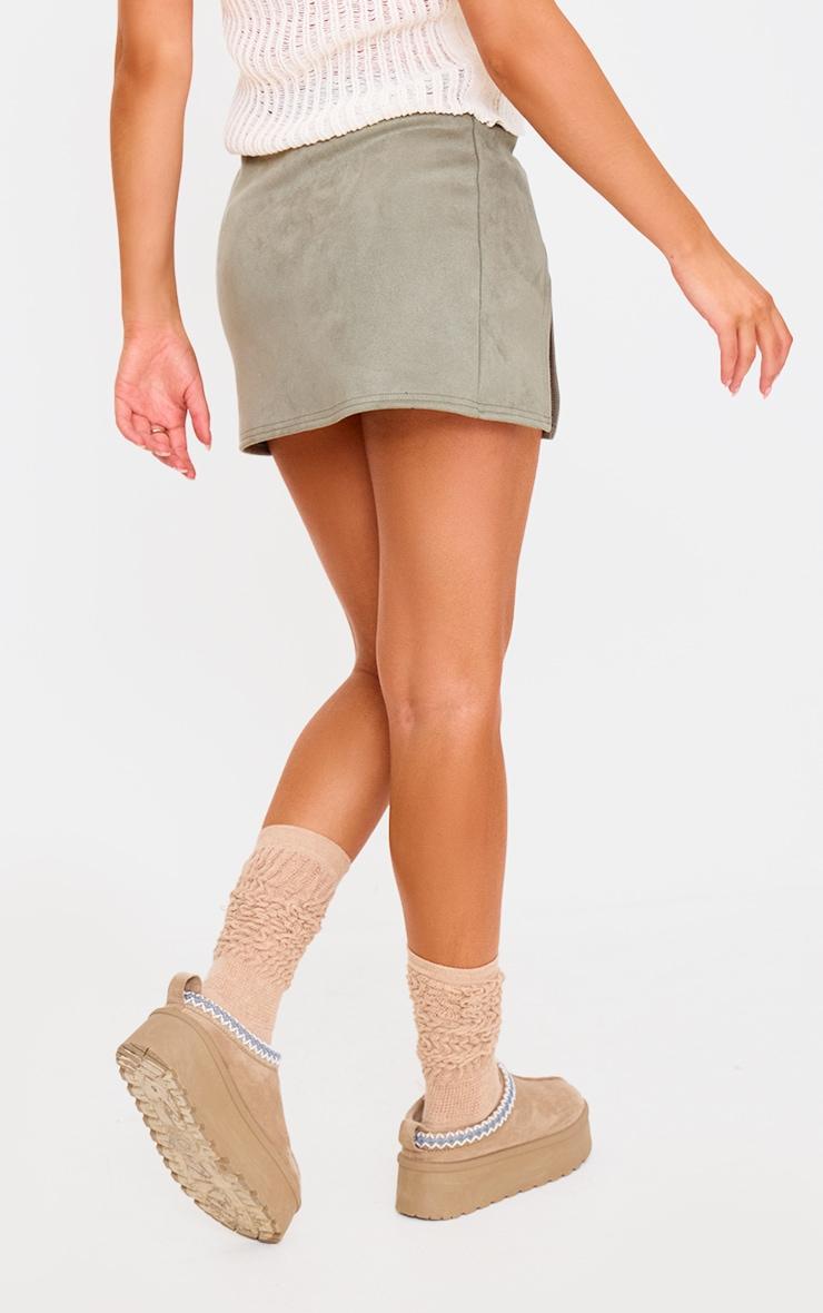 Sage Green Faux Suede Split Hem A Line Mini Skirt Product Image