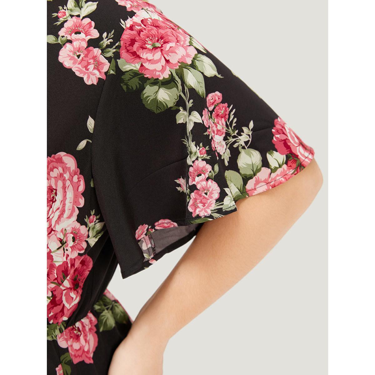 Plus Size Floral Print Ruffle Sleeve Pocket V Neck Wrap Dress BlackFlower Women Elegant Printed V-neck Short sleeve Curvy Midi Dress BloomChic 14-16/1X Product Image