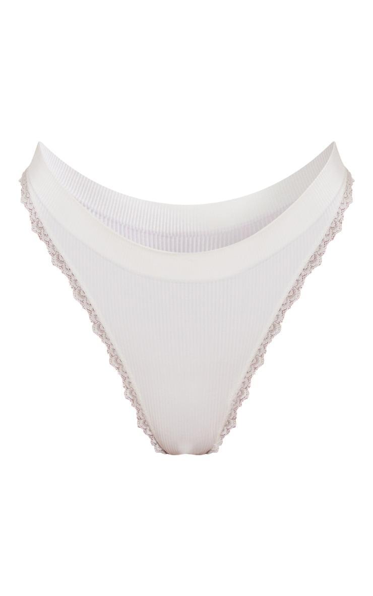 White Seamless Rib Lace Trim Thong Product Image