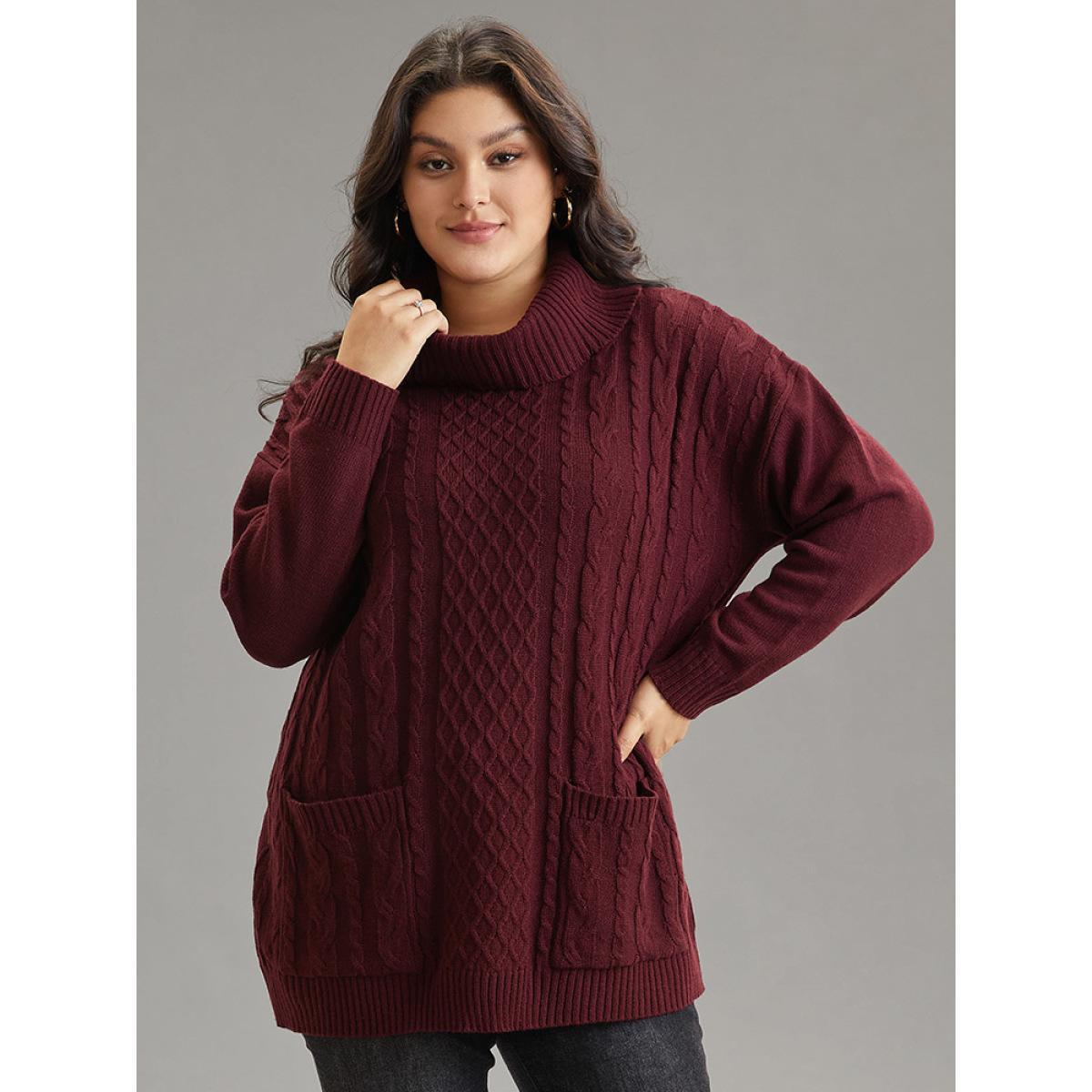 Plus Size Cable Knit Patched Pocket Turtle Neck Pullover Burgundy Women Casual Loose Long Sleeve Turtleneck Dailywear Pullovers BloomChic 28/5X Product Image