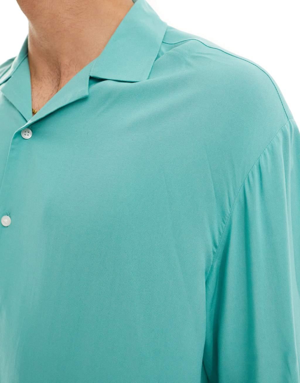 ASOS DESIGN oversized revere collar viscose shirt in teal green Product Image