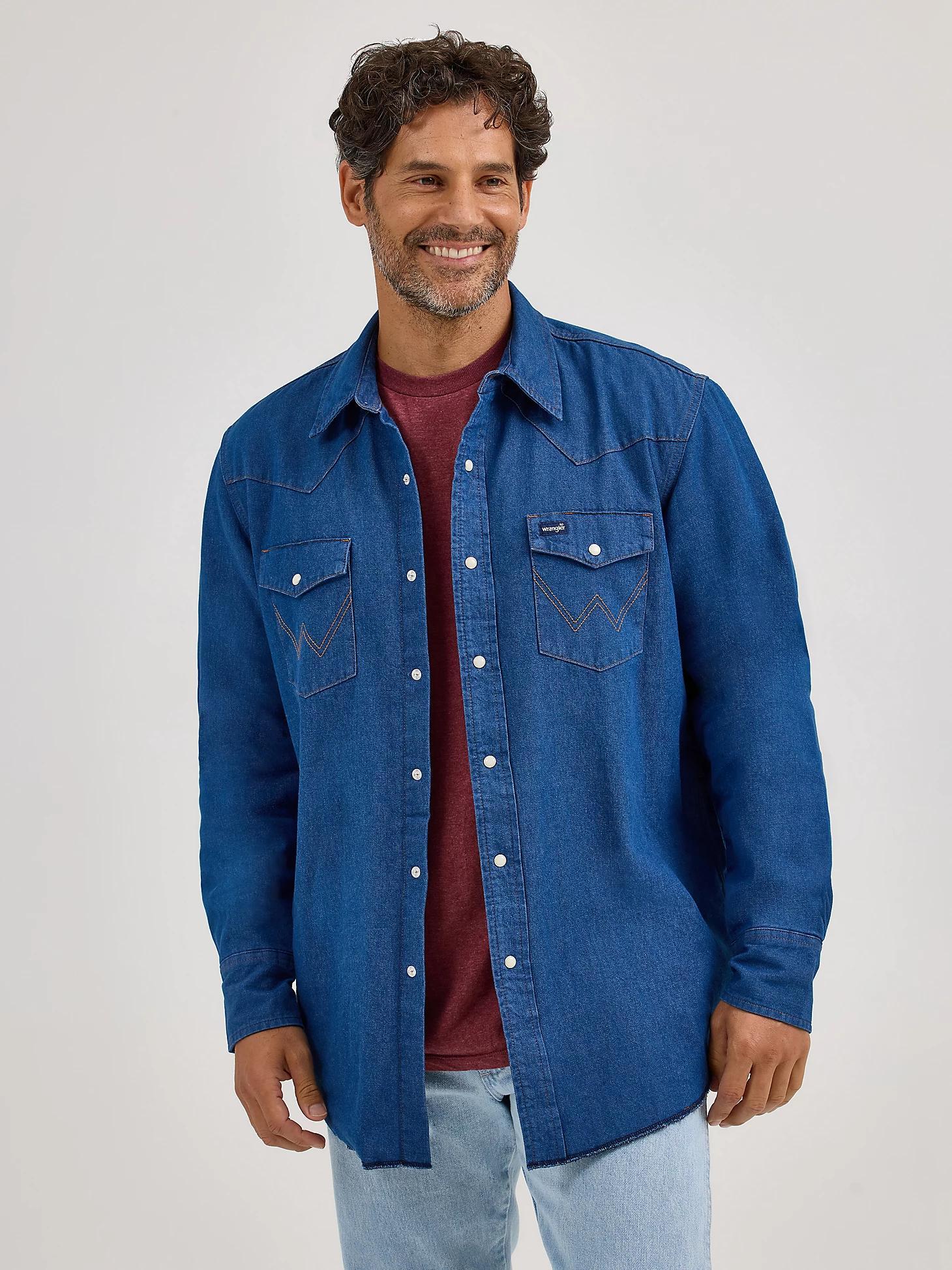 Men's Wrangler® Long Sleeve Flannel Lined Solid Work Shirt Denim Product Image