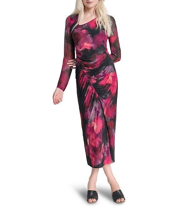 DKNY by Donna Karan Printed Knit Asymmetrical Neck Long Sleeves Cinched Sheath Midi Dress Product Image