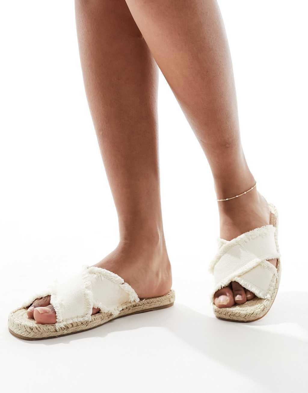 South Beach linen cross over espadrille mule sandals in cream  Product Image