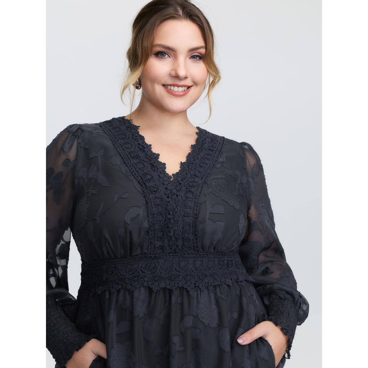 Plus Size Lace Textured Pleated Waist Tiered Midi Dress Indigo Women Romantic See through V-neck Long Sleeve Curvy BloomChic 28/5X Product Image
