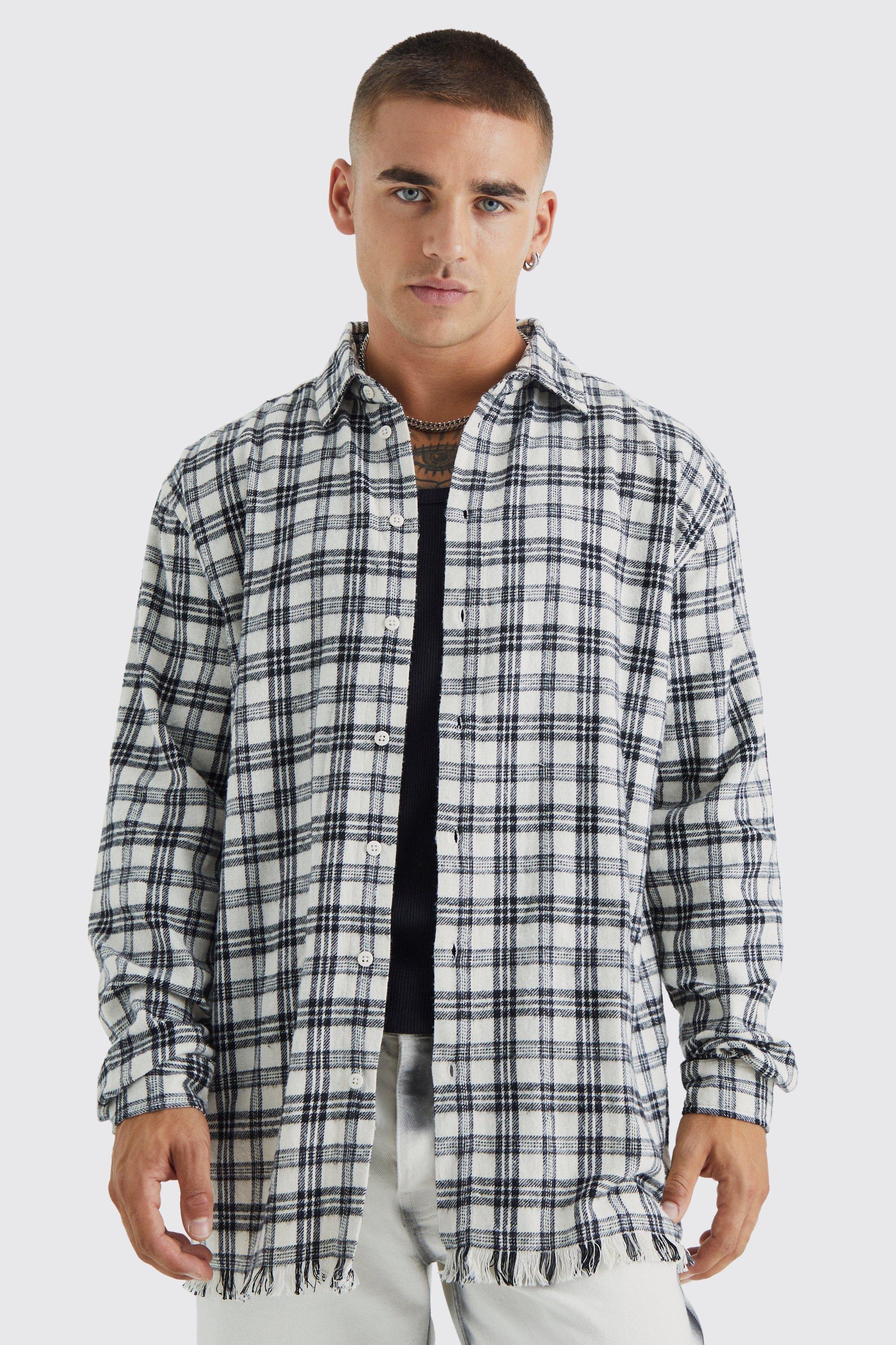 Mens White Oversized Grid Check Distressed Shirt, White Product Image