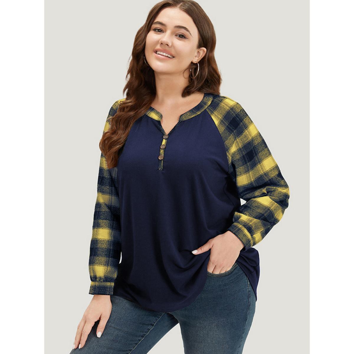 Plus Size Plaid Patchwork Notched Button Detail Sweatshirt Women Purple Casual Patchwork Notched collar Everyday Sweatshirts BloomChic 18-20/2X Product Image