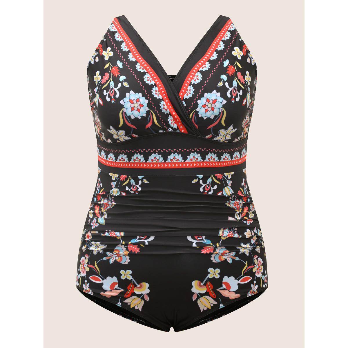 Plus Size Boho Print Surplice Neck Ruched One Piece Swimsuit Women's Swimwear Indigo Beach Gathered Curve Bathing Suits High stretch One Pieces BloomChic 28/5X Product Image