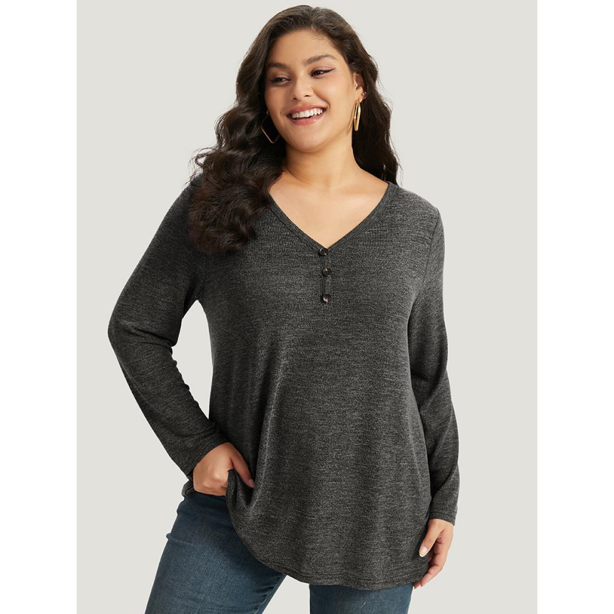 Plus Size Heather Button Up Long Sleeve T-shirt Black Women Casual Heather Plain V-neck Everyday T-shirts BloomChic 28/5X Product Image