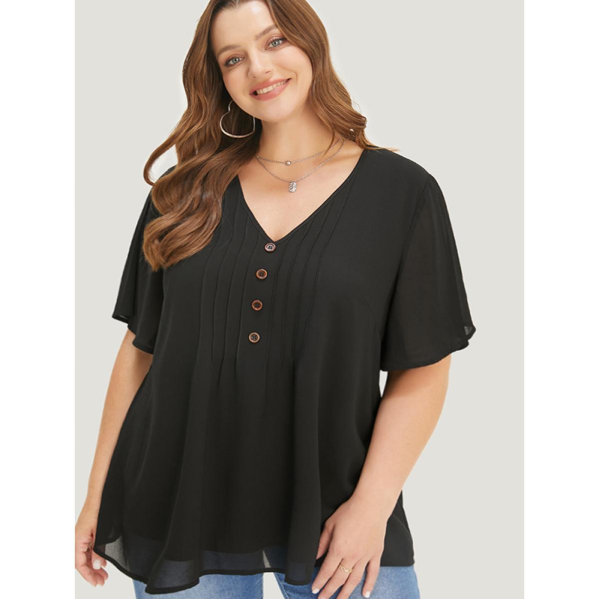 Plus Size Black Plain V Neck Mesh Ruffle Sleeve Button Detail Blouse Women Casual Short sleeve V-neck Office Blouses BloomChic 10/M Product Image