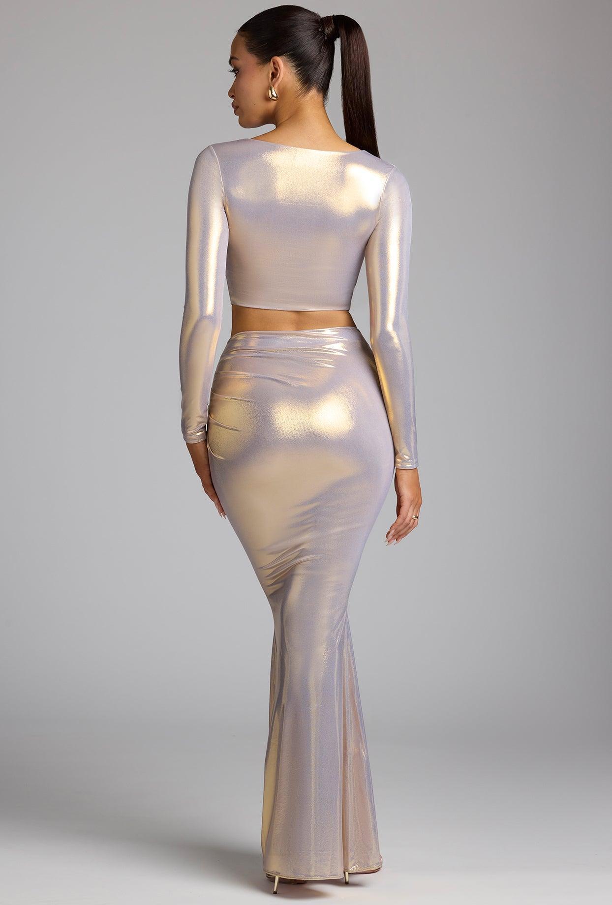 Plunge Neck Metallic Jersey Crop Top in Light Gold Product Image