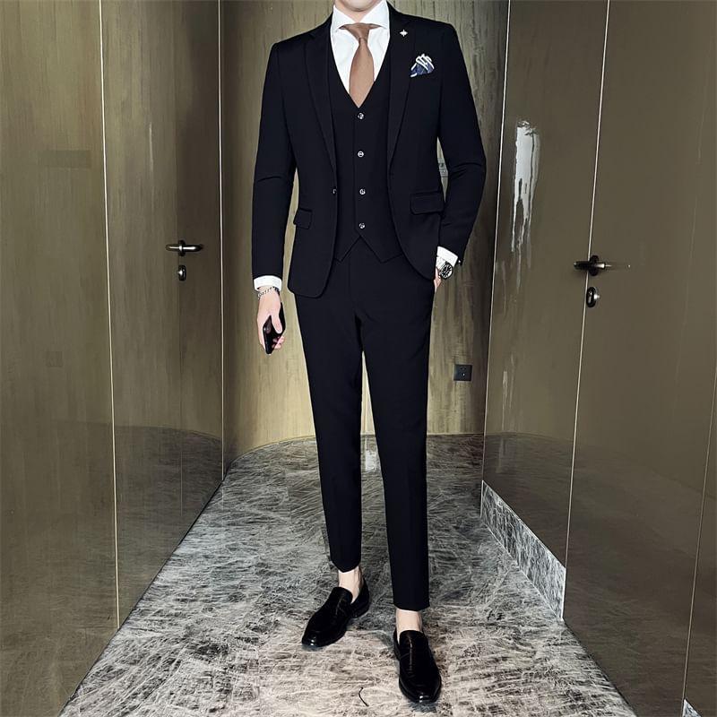 Set: Lapel Collar Plain Single Button Blazer + Mid Rise Plain Dress Pants + V-Neck Plain Single Breasted Vest Product Image