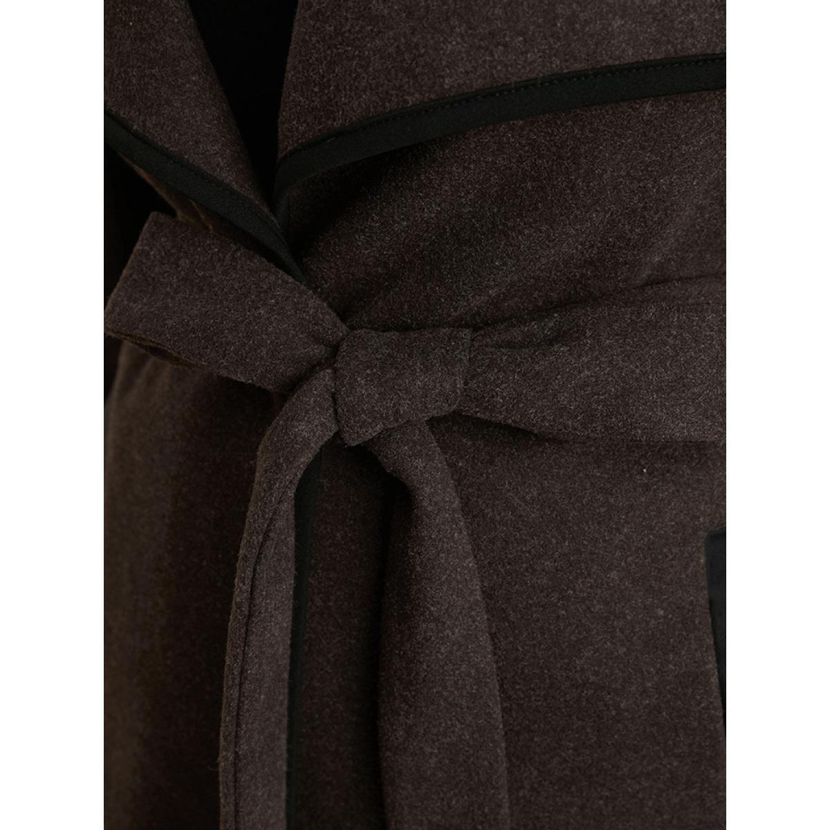 Plus Size Contrast Trim Pocket Belted Lapel Collar Coat Women DarkBrown Office Belted Ladies Work Winter Coats BloomChic 28/5X Product Image