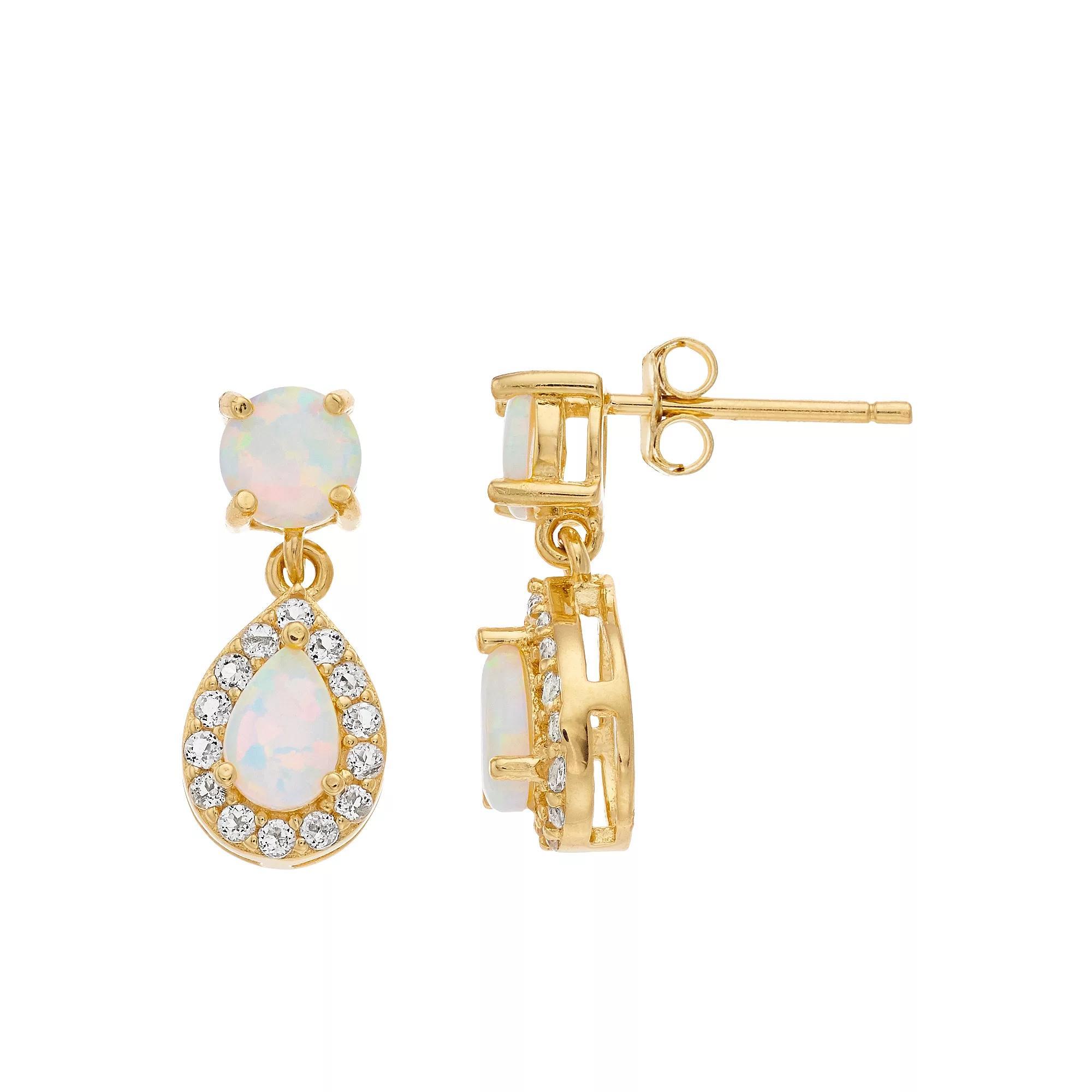 Gemminded 18k Gold Over Silver Lab-Created Opal Drop Earrings, Womens, Gold Tone Product Image