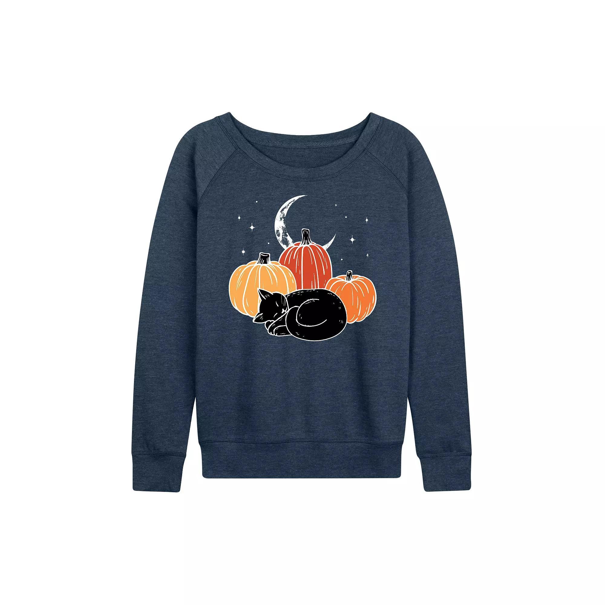 Women's Black Cat Pumpkin Nap French Terry Long Sleeve Tee, Size: Medium, Grey Indigo Product Image