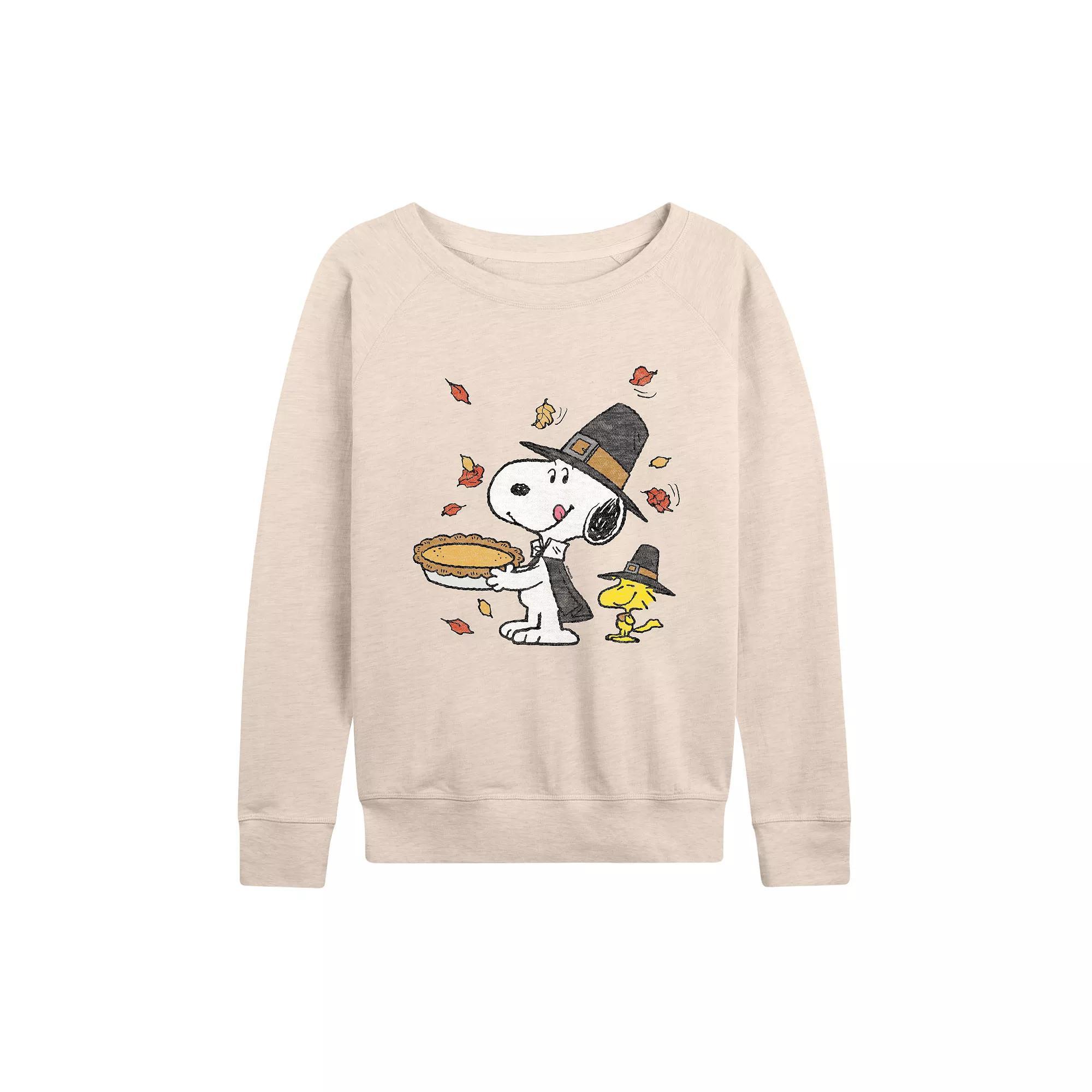 Plus Size Peanuts Snoopy & Woodstock Thanksgiving French Terry Long Sleeve Tee, Women's, Size: 1XL, Beige Product Image