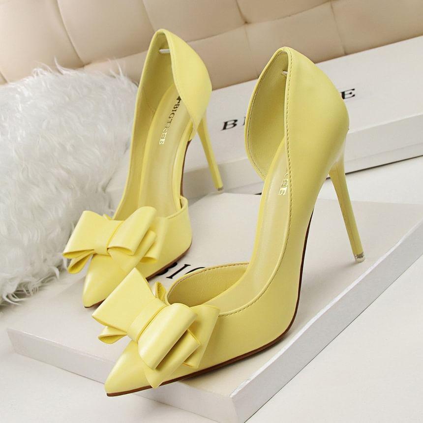 Stiletto Pointed Toe Plain Bow Accent Faux Leather D'Orsay Pumps Product Image