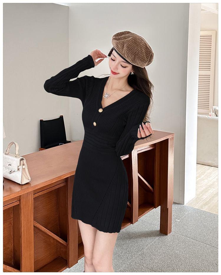 Long Sleeve V-Neck Button Ribbed Bodycon Sweater Dress Product Image