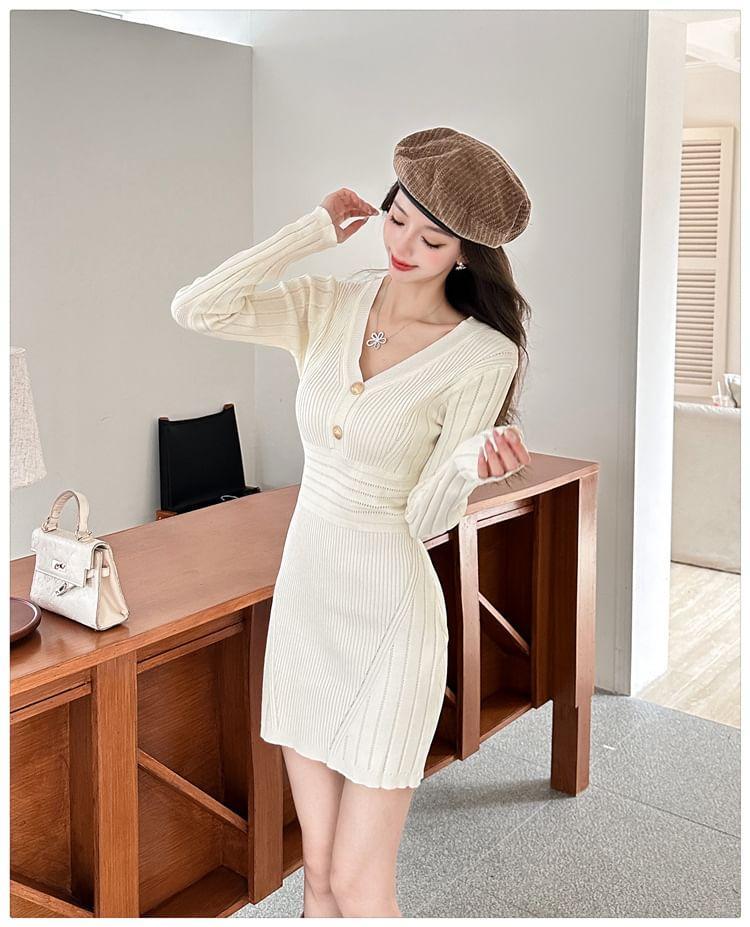 Long Sleeve V-Neck Button Ribbed Bodycon Sweater Dress Product Image