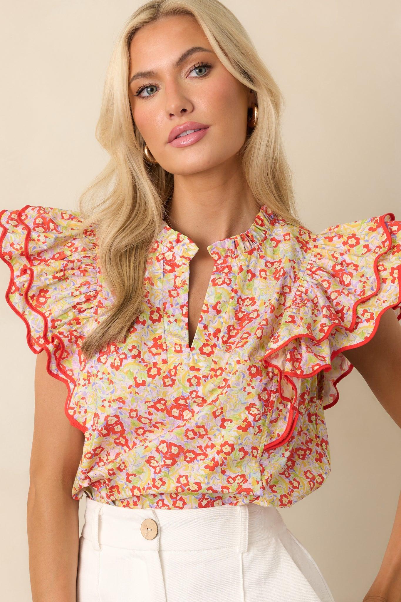 Light Finds A Way Red Floral Cotton Flutter Sleeve Top Product Image