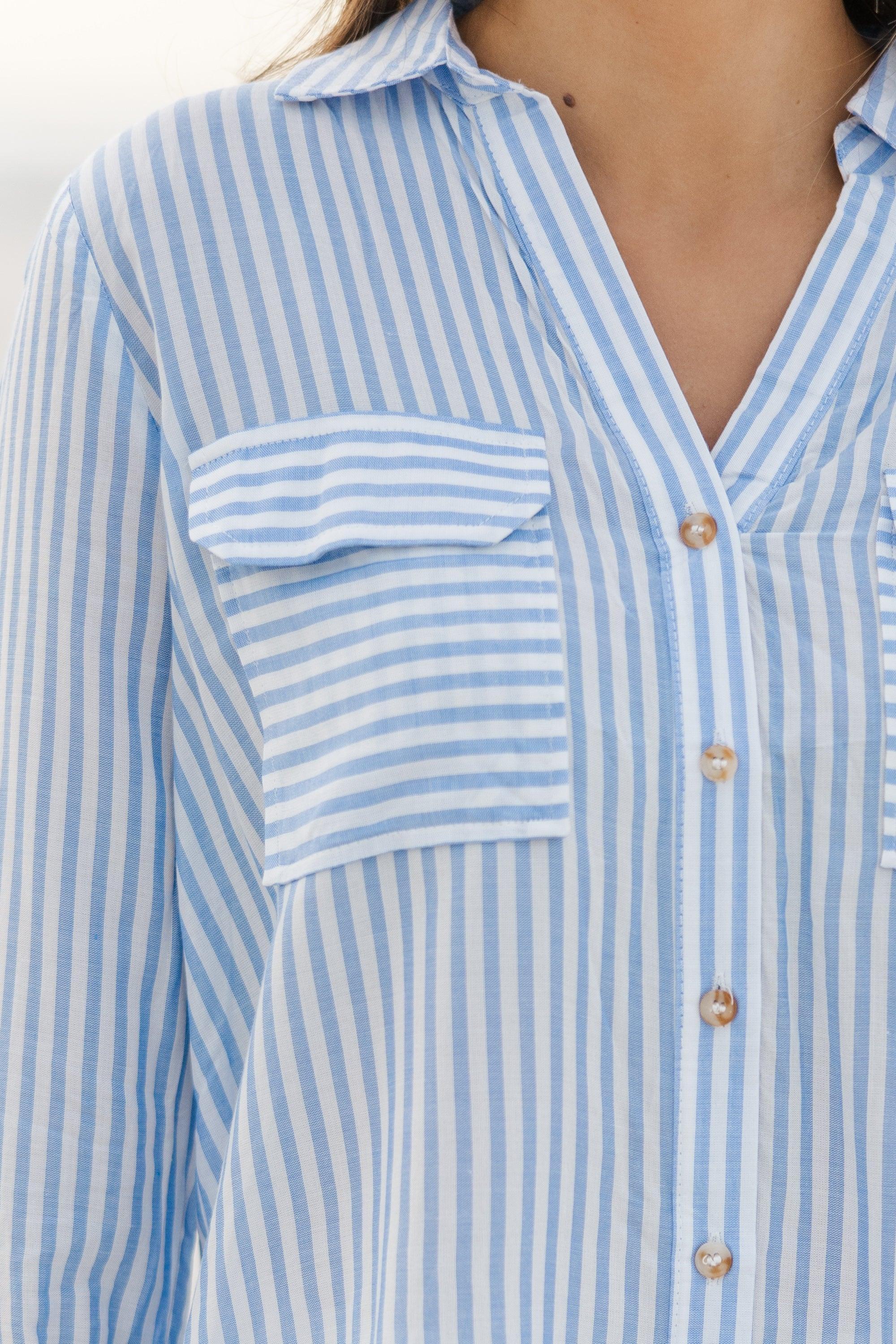 Need You More Blue Striped Button Down Blouse Female Product Image