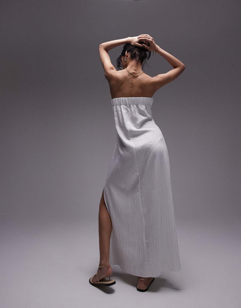 Topshop tie waist maxi bandeau dress in white stripe Product Image