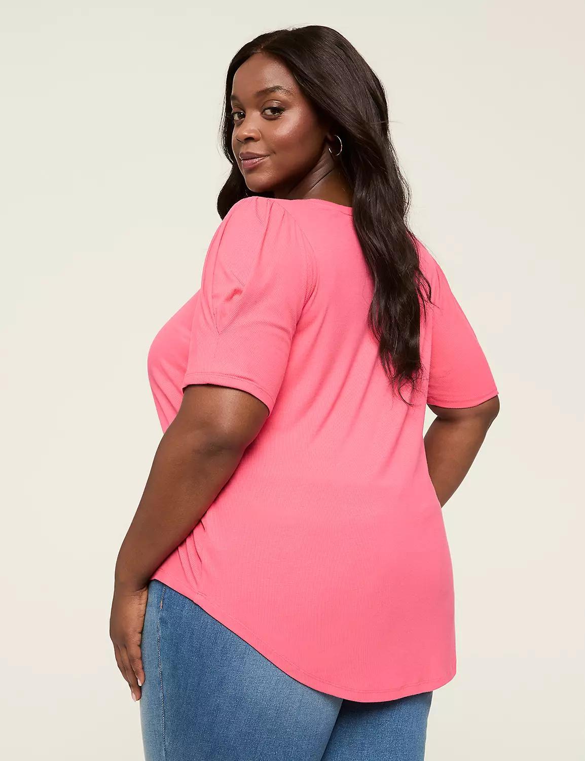 Curved-Hem Pleat-Sleeve Rib Tee Product Image