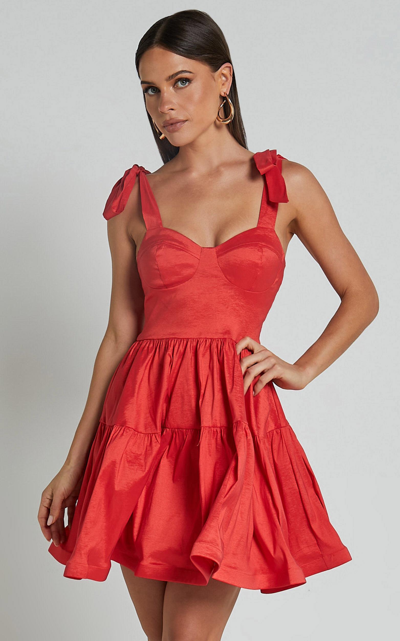 Wednesday Mini Dress - Tie Shoulder Bustier Tiered Dress in Red Product Image