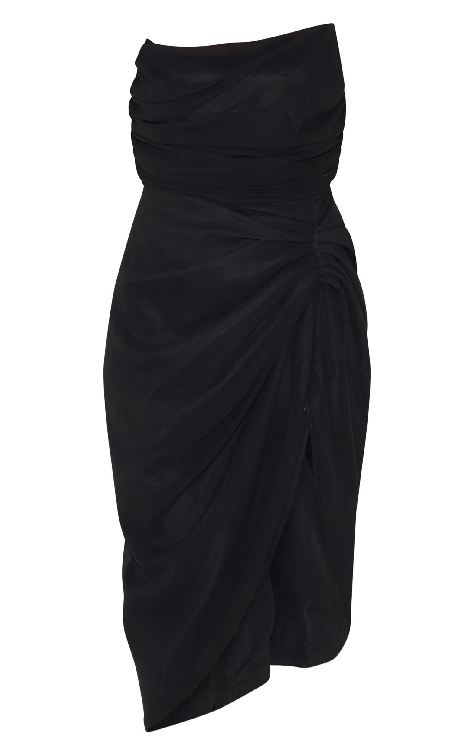 Plus Deep Black Chiffon Corset Bandeau Draped Midi Dress Product Image
