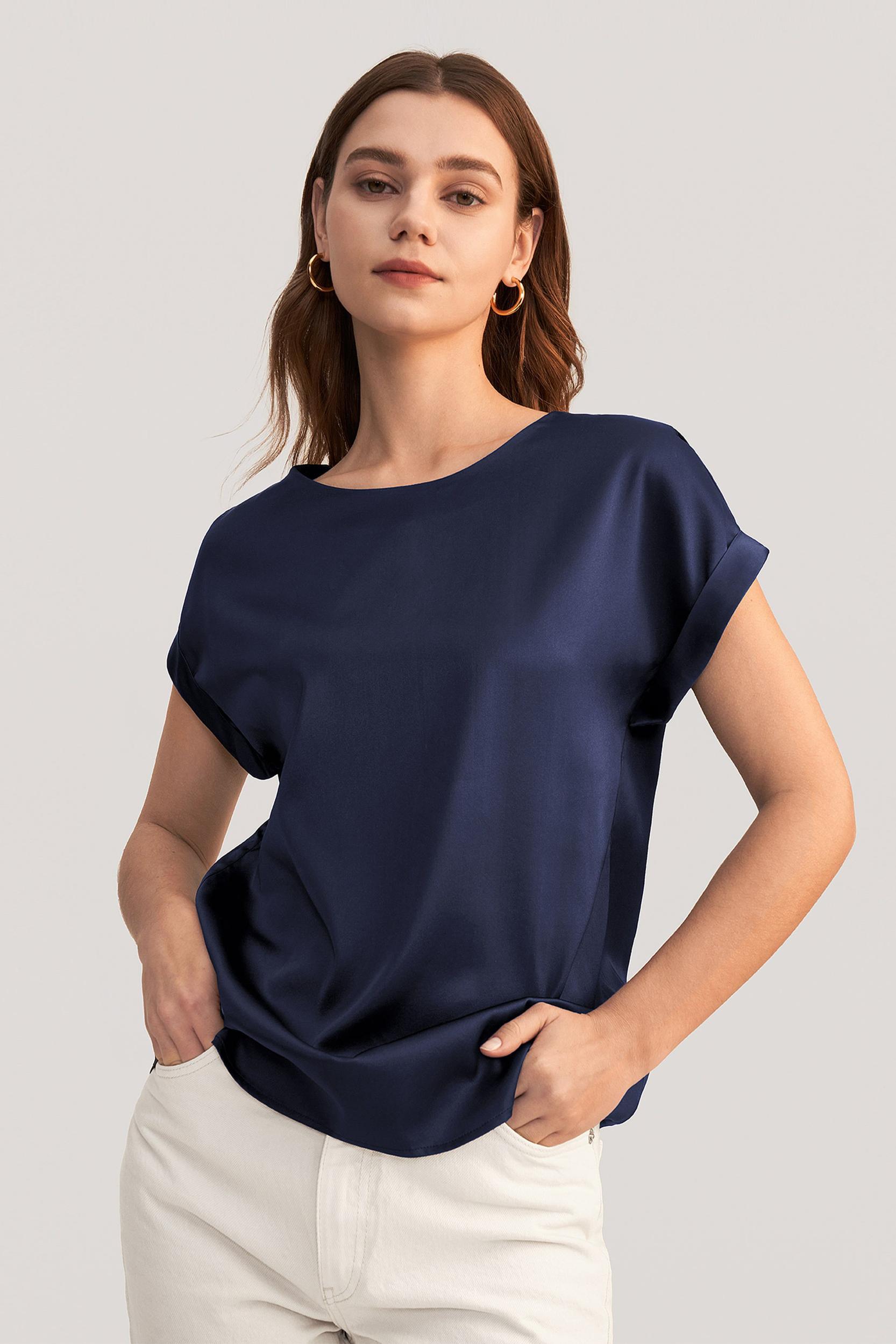 LILYSILK Women Silk Tee Shirts Black Quality Stretchy Silk Soft Classic Round Neck Rolled Cuffs Silk Top XS Product Image