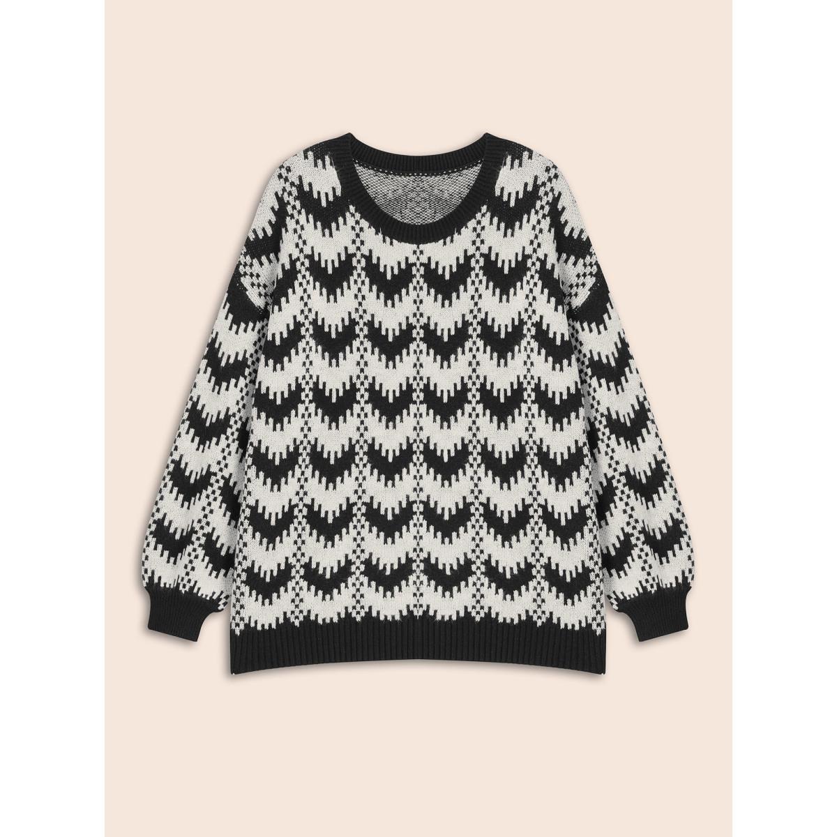 Plus Size Geometric Jacquard Drop Shoulder Sleeve Pullover Black Women Casual Loose Long Sleeve Round Neck Everyday Pullovers BloomChic 12/L Product Image