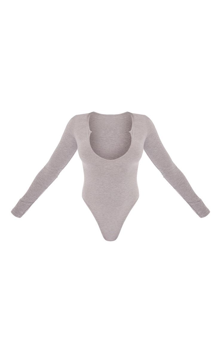 Basic Grey Marl Cotton Blend Plunge Long Sleeve Bodysuit Product Image