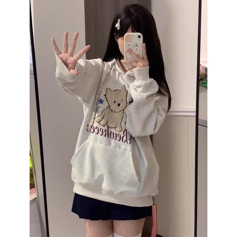 Long-Sleeve Crew Neck Dog Embroidered Hoodie Product Image