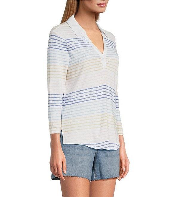 Tommy Bahama Ashby Isles Seabright Stripe Slub Rib Knit Johnny Collar 3/4 Sleeve Top Product Image