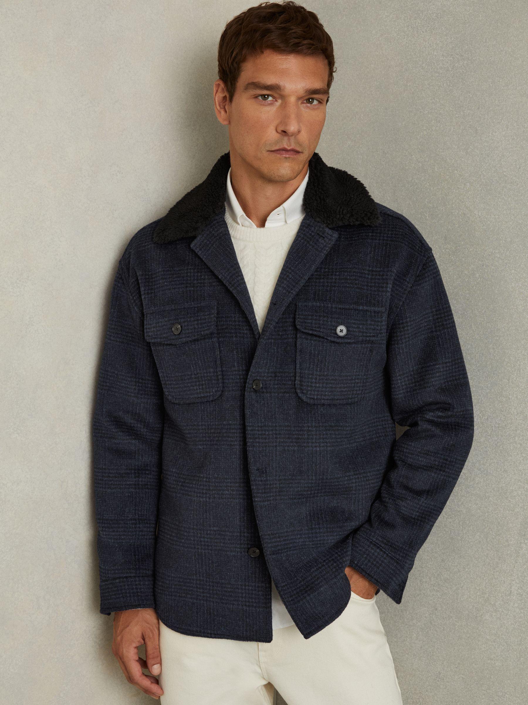 Wool-Blend Fleece Collar Overshirt in Navy Product Image