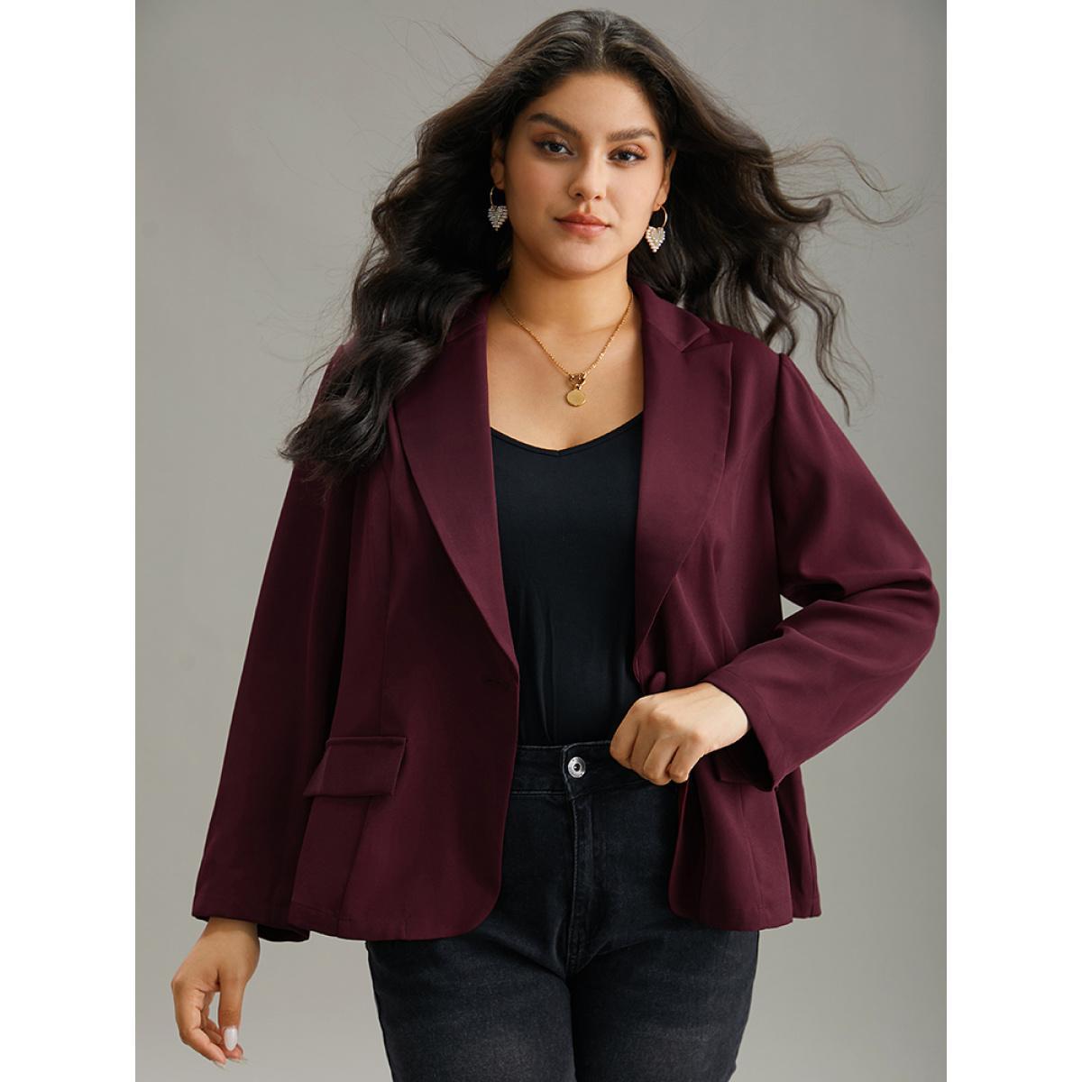 Plus Size Lapel Collar Plain Twill Button Up Blazer Burgundy Women Dailywear Plain Plain Sleeve Long Sleeve Lapel Collar 30/6X Elegant Blazers BloomChic Product Image