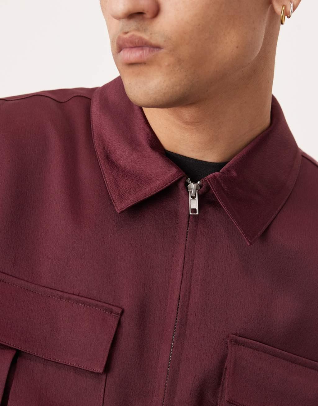 ASOS DESIGN cropped satin harrington jacket in burgundy Product Image