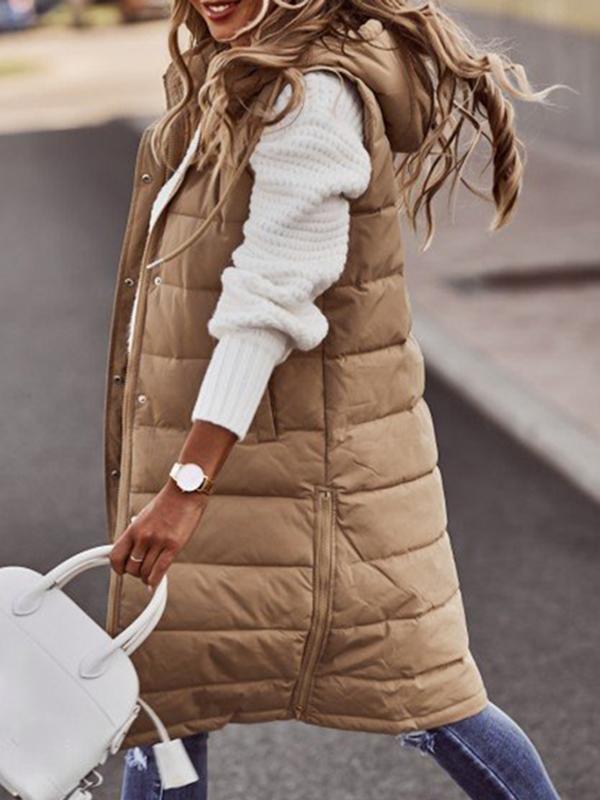 Hooded Sleeveless Buttoned Drawstring Keep Warm Solid Color Split-Joint Zipper Padded Coat Vest Outerwear Product Image