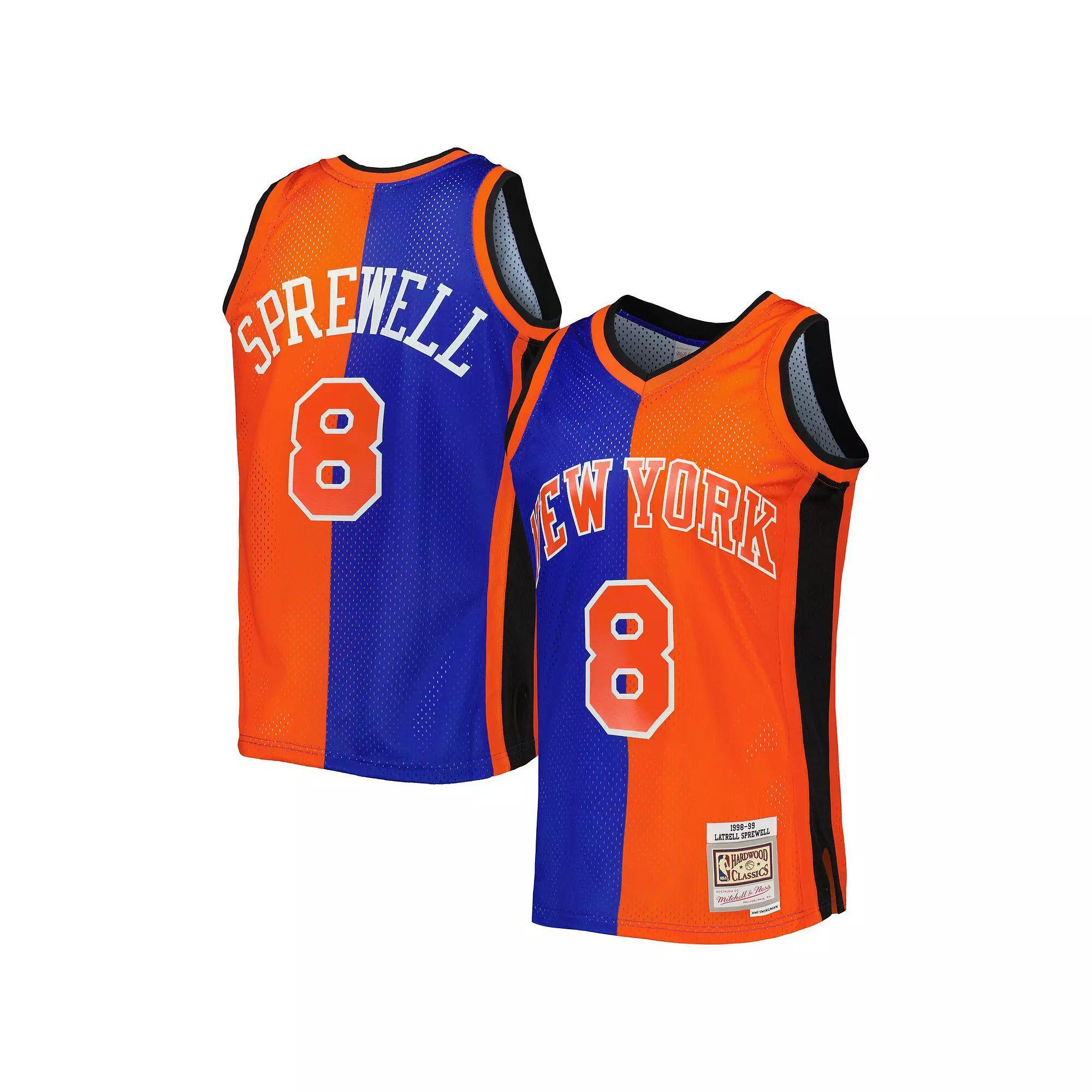 Men's Mitchell & Ness Latrell Sprewell Blue/Orange New York Knicks Hardwood Classics 1998-99 Split Swingman Jersey, Size: Small Product Image