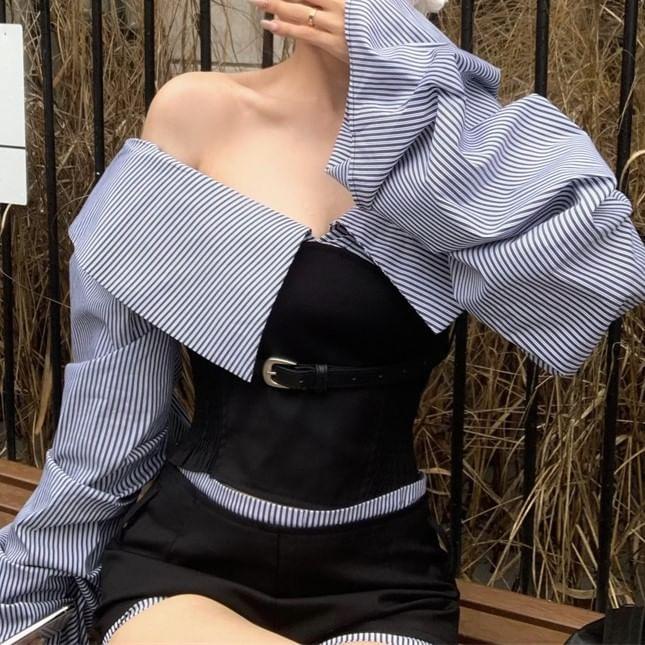 Long-Sleeve Off-Shoulder Striped Cropped Blouse Product Image